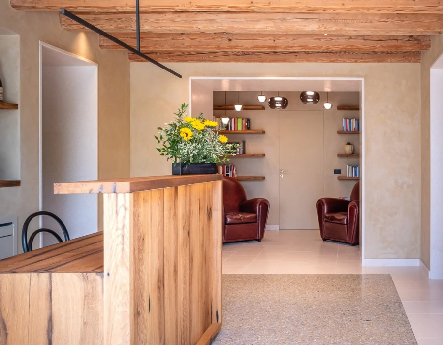 Contemporary Venetian-style maxi terrazzo floor installed in a boutique B&B in the Conegliano hills