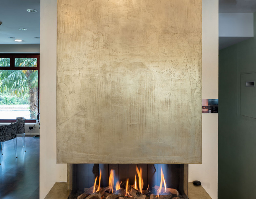 Plamina, ottone metal effect coating. Gas fireplace, Montexport, Vittorio V.To TV