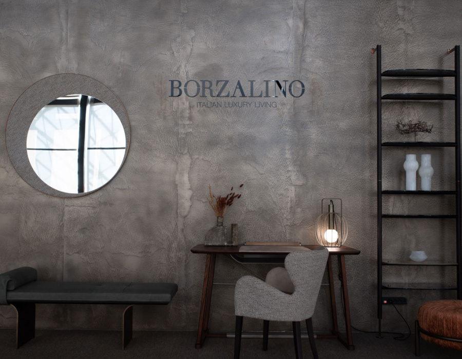 stand-borzalino-parete-bronzo-plamina-salone-del-mobile-2022