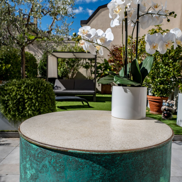 Oxydecor Verderame, verdigris garden table covering. Padua, Italy